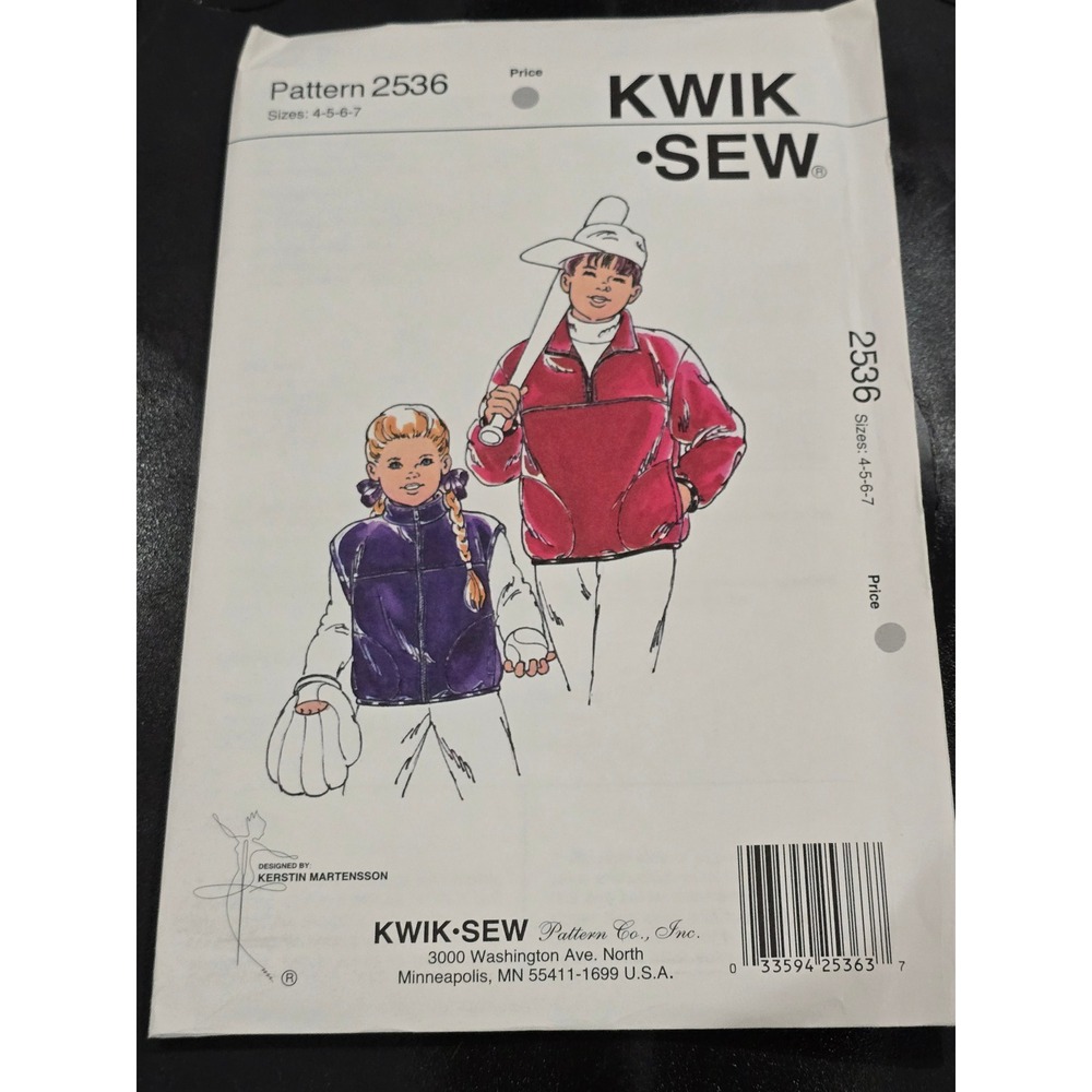 Kwik Sew 2536 Boys Girls Vest Jacket Sewing Pattern Sizes 4-5-6-7 Fleece Knit